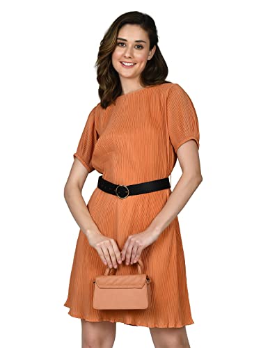 Zink London Women's Orange Self Design A-Line Short Dress