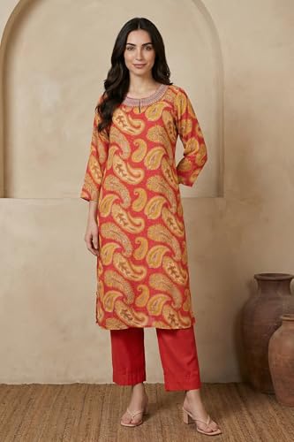 W for Woman Rust Red Paisley Thread Embroidered Modal Straight Kurta - (W14011-127298-XS)
