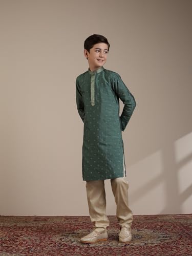 Manyavar Olive Green Blended Viscose Embroidery|Zari Kurta Pyjama Set for Child(12-14 years)