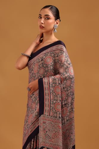 Soch Womens Navy Blue Viscose Ajrak Saree