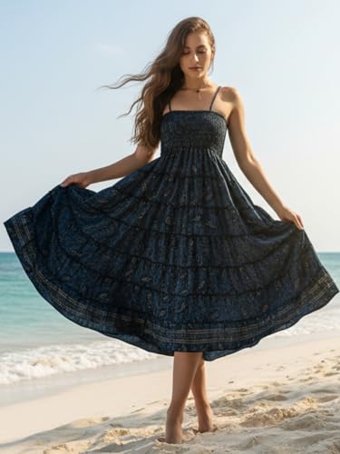 KE KANHA EXPORTs Convertible Skirt Dress for Women|Summer Skirt Dress Beach Wear|Boho Border Print Flared Design|Multicolor|Easily fits S-M-L|Bust 24-48 Inches Length 38 Inches|Boho Beach