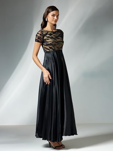 Miss Chase Women's Boat-Neck Short-Sleeve Abstract Fit & Flare Satin Maxi Dress (MCAW25D85-18-62-06, Black, XL)