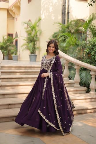 Mehervaa by vinni Women's Purple Embroidered Anarkali Suit Set with Dupatta, Gold Zari Work, Long Sleeve Ethnic Gown (in, Alpha, L, Regular)