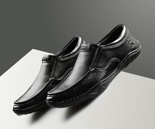 LOUIS STITCH Obsidian Black Genuine Leather Formal Slip On Shoes for Men | Ultra Lightweight and Flexible Rubber Sole Men’s Slipon Loafer Shoes | LSAXSOS | UK-9