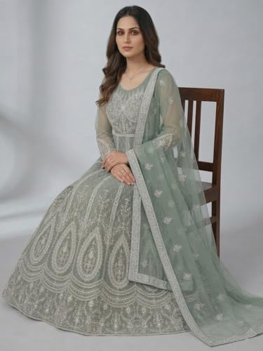 JULEE Women's Net Embroidered Semi-Stitched Gown Bindi Gown Mint-GEM
