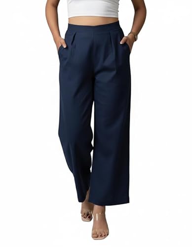 Moirai Pure Cotton Wide Leg Women Trouser Stylish Mid Rise Relaxed Straight Fit Loose Pants Casual Travel Office Formal Wear Navy Blue