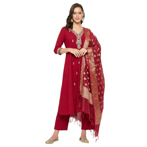 Rangavali Mangalagiri Anarkali Suit Set | Maroon Embroidered Managalgiri Readymade Outfit Kurta, Pant & Banarasi Dupatta for Women | Kurti Set for Ladies | 3 Pcs, M, 34