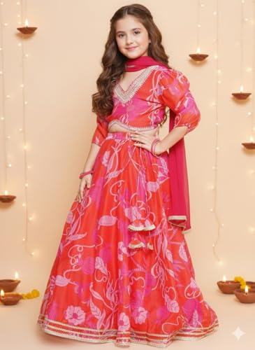Naixa Girls Red Chanderi V Neck 3/4 Sleeve Floral Printed Choli and Lehenga with Dupatta Set | Latest Floral Designer Printed Lehenga Choli Set for Girls (SE09_7-8 Year)