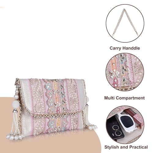 PLANX SILK Stylish Fancy Designer Potli Bag – Embroidered Pearl Handle Festive Clutch