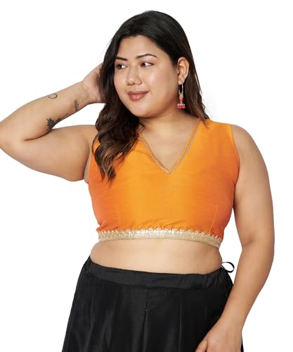 studio rasa Women's Plus Size Silk Blend Embellished Readymade Saree Blouse for Festive Wedding Party (TPWPC225BL02XXL_Orange_2XL)
