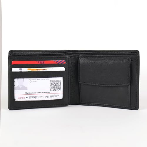KARA Black Men's Genuine Leather Wallet – Bifold, 2 Cash Compartments, Coin Pocket, 10+ Card Slots, Hidden & Transparent Flip Sections