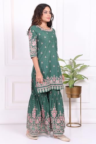 W for Woman Green Floral Printed Cotton Straight Kurta with Sharara and Dupatta Set - (WS13741-127334-L)