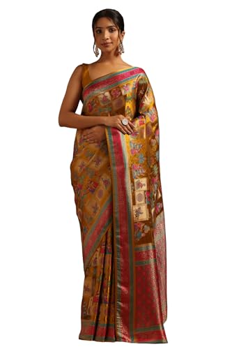 Soch Womens Mustard Satin Ethnic Motif Saree With Zari Woven