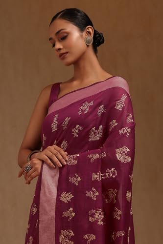 Soch Womens Wine Chanderi Warli Print Saree With Thread Work