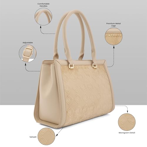 Caprese Katherine Medium Monogram Velvet Satchel for Women | Elegant Multi-Compartment Shoulder Handbag with Adjustable & Detachable Strap | Textured Velvet Designer Work & Party Purse (Alpine Oat)
