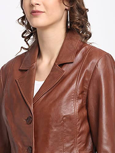 Teakwood Genuine Leather Soild Stylish Casual Blazer Jacket for Women (M- Brown)