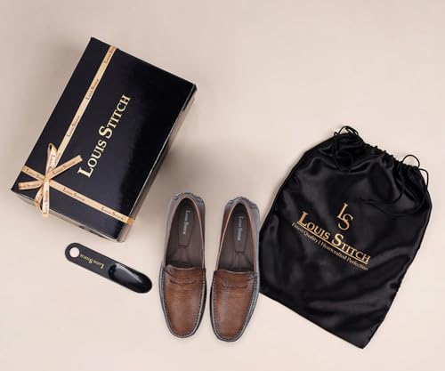 LOUIS STITCH Tan Italian Milled Leather Formal Shoes for Men | Ultra Lightweight Men’s Slip On Formal Loafers | Comfortable for Long Hours | LSPDFLTN | (UK-10)