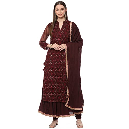 BIBA WOMEN EMBROIDERY LAYERED SALWAR KURTA DUPATTA(SKD8281_WINE_32)