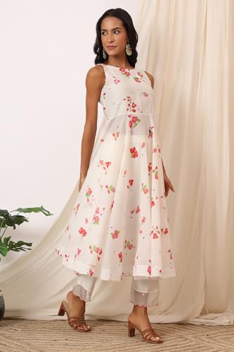 W for Woman White Bold Floral Printed Sleeveless Chanderi Anarkali Kurta with Pants and Red Printed Dupatta Set (Size: XL)-WS12495-125423