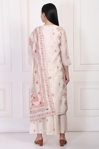 W for Woman Off-White Floral Print Lace Straight Kurta with Inner Flared Pant and Dupatta Set (WS13083-126482-S)