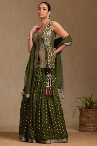 Soch Womens Olive Brocade Woven Design Ghagra Choli With Cutdana