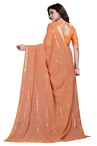 Pratham Blue Women's Sequins Georgette Fancy Saree with Blouse piece (PB-102_Orange)