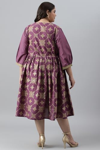W for Woman Women's Cotton Plus Size Purple Festive Gathered Dress with Sequin Calf Length Orchid - SaumyasStore