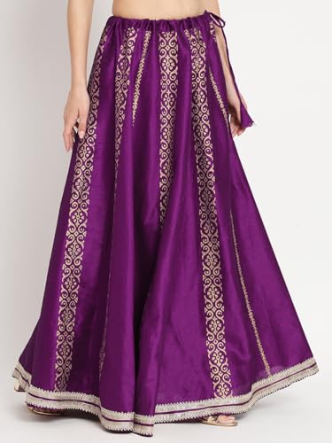 studio rasa Women's Dupion Hand Block Printed Embellished Bias Skirt for Festive Party Wedding (SKTC523RC01S_Purple_Small)