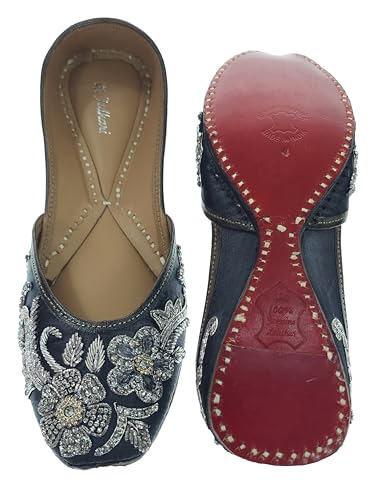 Fulkari Women Poppy Gunmetal Silver Soft Leather Embroidered Jutis | Bite and Pinch Free Jutti | Punjabi Formal Juttis | Girl's Wedding Flat Ladies Mojari | Formal Ethnic Juti | 41