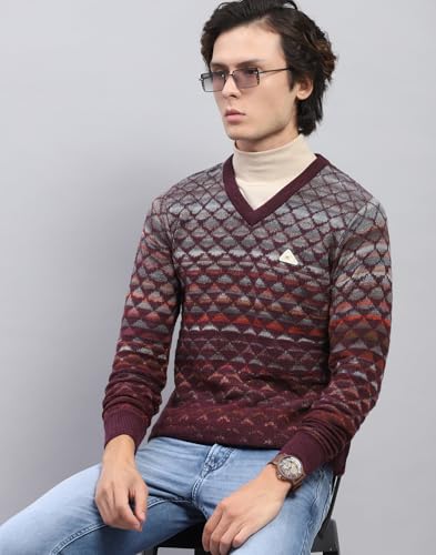 Monte Carlo Mens Wine Self Design V Neck Full Sleeve Pullover (1243195VN-2-44)