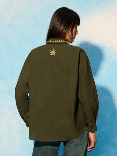 The Souled Store Earthborn: Botanical Leaf Women and Girls Full Length Sleeves Spread Collar Dark Olive Green Embroidered Cotton Linen Oversized Fit Lightweight Everyday Shirt