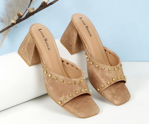 LOUIS STITCH Women’s Fashion Slip-On Block Heel Sandals | Open Toe Beige Stylish Mules Heel Sandal for Ladies, Fashionable and Comfortable Sandal (LSOF-LDBH-MUBD) (UK-6)