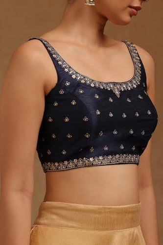 Soch Womens Navy Blue Tussar Embroidered Padded Blouse with Zari