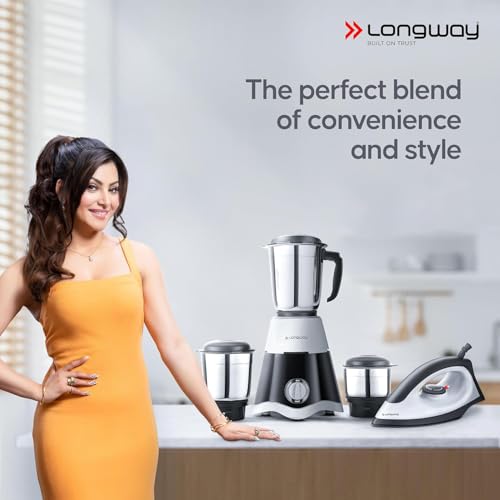 Longway Supreme Dlx Mixer Grinder with 3 Jars for Mixing, Grinding with Kwid 1100W Dry Iron | 2 Years Warranty (Gray & Black, 700 W)