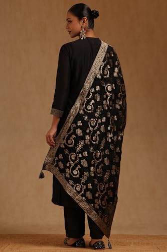 Soch Womens Black Vichitra Zari Woven Suit Set With Cutwork