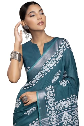 Soch Womens Teal Linen Batik Print Saree