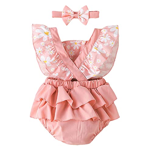 Hopscotch Girls Polyester Sleeveless Floral Print Bodysuit With Headband in Pink Color For Ages (2-3 years)
