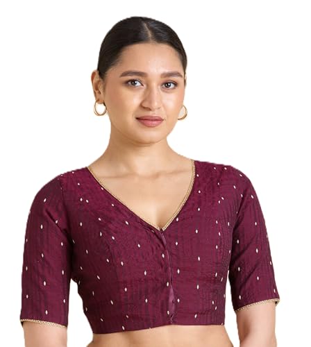 Studio Shringaar Women's Handloom Cotton Silk Readymade Saree Blouse (Wine, 44)