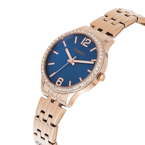 TIMEX Analog Watch for Women with Blue Dial & Rose Gold Stainless Steel Bracelet Band - Water Resistant Women's Wrist Watches -TWEL230SMU03