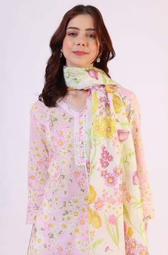 W for Woman White Floral Printed Kota Dupatta with Lace (Size: Free Size)-W82521-C7831