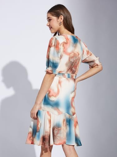 Latin Quarters Women Orange V-Neck Half Sleeve Printed A-Line Dress_XL