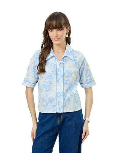 Latin Quarters Women's Blue Half Sleeves Collar Neck Casual Printed Top_XL