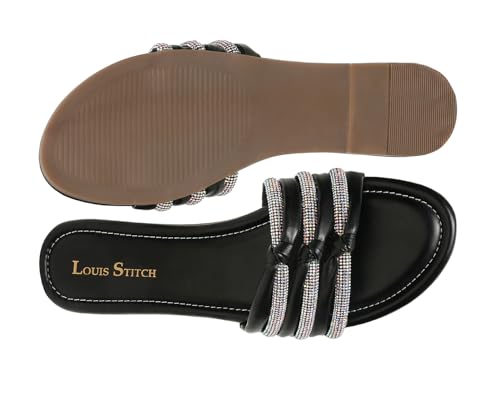 LOUIS STITCH Women's Fashion Flat Slip On Sandals | Open Toe Black Stylish Flat Sandal for Ladies, Comfortable All day Wear Slipper | LSOF-LDSL-GLTSJB | (UK-3)