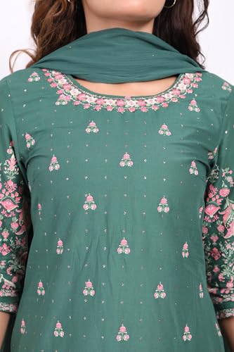 W for Woman Green Floral Printed Cotton Straight Kurta with Sharara and Dupatta Set - (WS13741-127334-L)