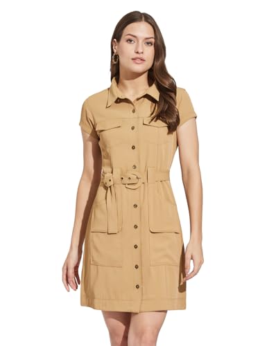 Latin Quarters Women Beige Collar Neck Cap Sleeves Solid Above Knee Shirt Dress for Casual Wear_L