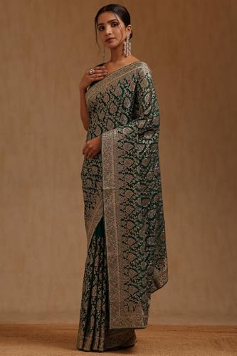 Soch Womens Teal Green Georgette Embroidered Saree With Stone Work