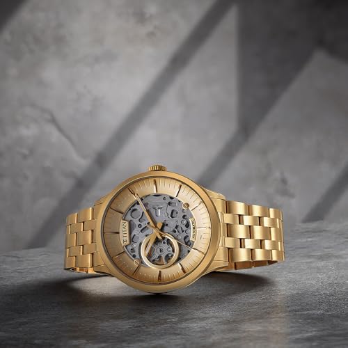Titan Metal Mechanicals Automatic Gold Dial Gold Titanium Strap Watch for Men - NT90140YM01