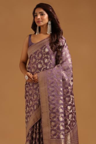 Soch Womens Lavender Satin Botanical Zari Woven Saree