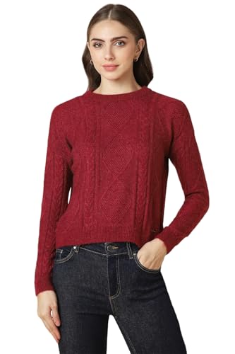 Allen Solly Women's Cotton Crew Neck Sweater (AHSWCRGFX55818_Maroon