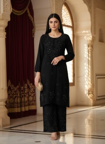 Fashion Chikan Art Women’s Lucknowi Rayon Mukaish Chikankari Straight Kurti & Palazzo Set | Hand-Embroidered Ethnic Wear | Festive & Casual Wear Kurta Set (S, Black)